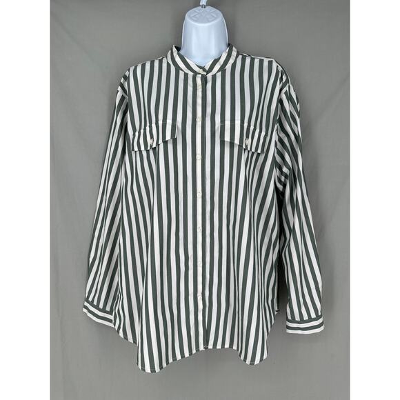 Ann Taylor Top Womens XL Green Striped White Button Oversized Pocket Classic - Picture 1 of 9